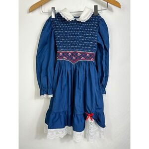 Polly Flinders Vintage Girls Blue Hand Smocked Lace Dress Size 6 5140 VF62